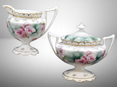 R.S. Prussia Mold 605 creamer and sugar, pink roses, red mark