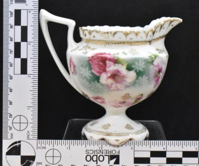 R.S. Prussia Mold 605 creamer and sugar, pink roses, red mark - 4