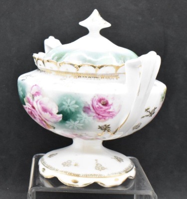 R.S. Prussia Mold 605 creamer and sugar, pink roses, red mark - 7