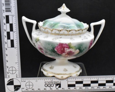 R.S. Prussia Mold 605 creamer and sugar, pink roses, red mark - 8