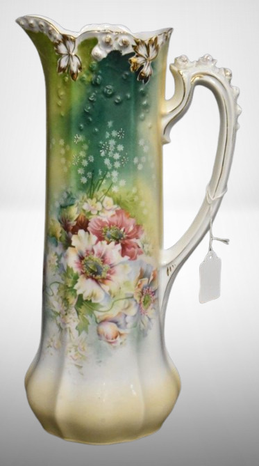 Mrkd. R.S. Germany (Steeple Mark 3) 14"h tankard, mixed flowers, Steeple Mold 7