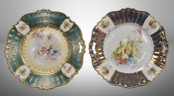 (2) R.S. Prussia Mold 343 10"d cake plates, floral designs, Germany marks