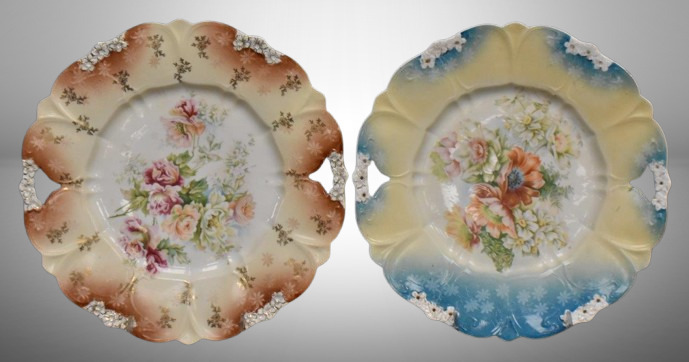 (2) R.S. Prussia 10.75"d cake plates, floral decorations