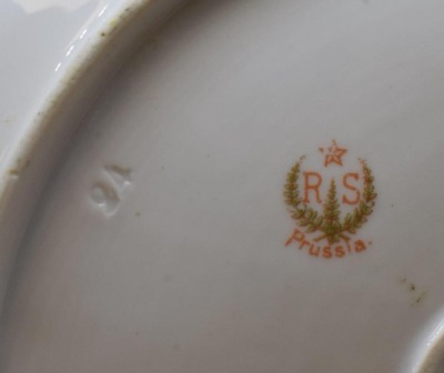 (2) R.S. Prussia Iris Mold 11"d cake plates, Roses on both, red marks - 5