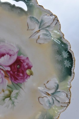 (2) R.S. Prussia Iris Mold 11"d cake plates, Roses on both, red marks - 9