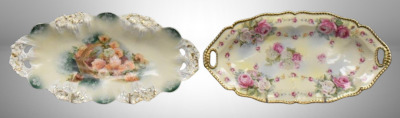 (2) R.S. Prussia celery trays: pink and white roses, red mark; Icicle mold, Sitting Basket of Flowers