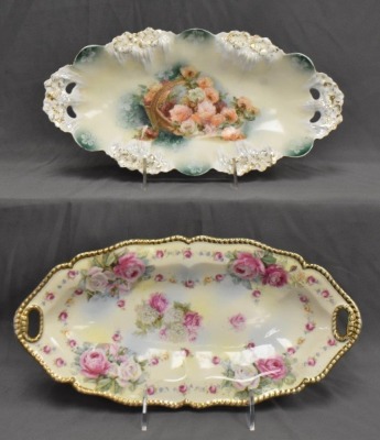 (2) R.S. Prussia celery trays: pink and white roses, red mark; Icicle mold, Sitting Basket of Flowers - 2