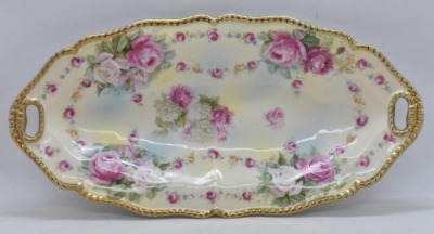 (2) R.S. Prussia celery trays: pink and white roses, red mark; Icicle mold, Sitting Basket of Flowers - 3