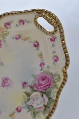 (2) R.S. Prussia celery trays: pink and white roses, red mark; Icicle mold, Sitting Basket of Flowers - 4