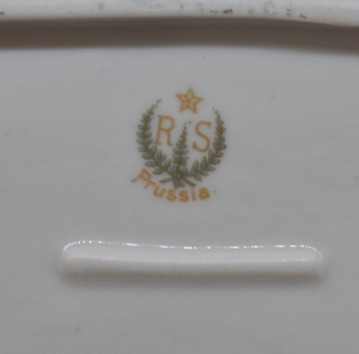 (2) R.S. Prussia celery trays: pink and white roses, red mark; Icicle mold, Sitting Basket of Flowers - 6