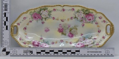 (2) R.S. Prussia celery trays: pink and white roses, red mark; Icicle mold, Sitting Basket of Flowers - 9