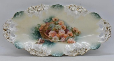 (2) R.S. Prussia celery trays: pink and white roses, red mark; Icicle mold, Sitting Basket of Flowers - 10