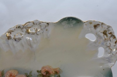 (2) R.S. Prussia celery trays: pink and white roses, red mark; Icicle mold, Sitting Basket of Flowers - 11