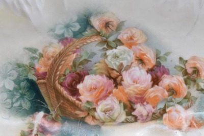 (2) R.S. Prussia celery trays: pink and white roses, red mark; Icicle mold, Sitting Basket of Flowers - 12