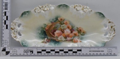 (2) R.S. Prussia celery trays: pink and white roses, red mark; Icicle mold, Sitting Basket of Flowers - 15