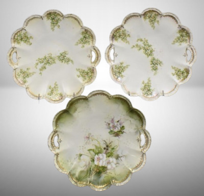 (3) R.S. Prussia Mold 182 10"d cake plates, all have floral designs, red mark