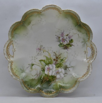 (3) R.S. Prussia Mold 182 10"d cake plates, all have floral designs, red mark - 9