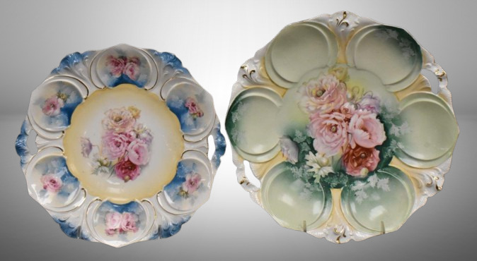 (2) R.S. Prussia Mold 78 cake plates, both have multi-colored flowers, red marks