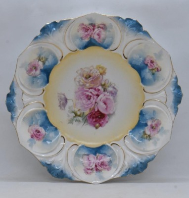 (2) R.S. Prussia Mold 78 cake plates, both have multi-colored flowers, red marks - 2