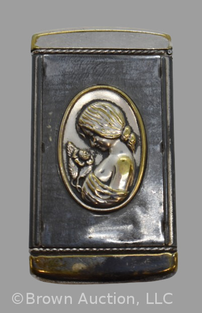 Vintage silver advertising match safe, "C.J. Stubling Liquor House, The Dalles, Ore."