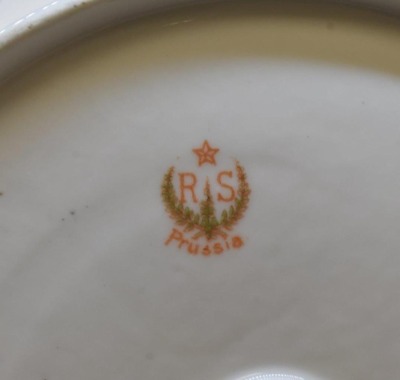 (2) R.S. Prussia Mold 78 cake plates, both have multi-colored flowers, red marks - 6