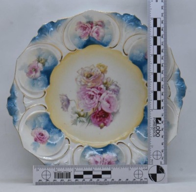 (2) R.S. Prussia Mold 78 cake plates, both have multi-colored flowers, red marks - 7