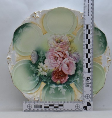 (2) R.S. Prussia Mold 78 cake plates, both have multi-colored flowers, red marks - 13