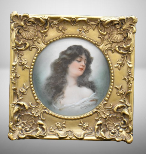 Lady portrait framed plate, signed Constance (Austrian)