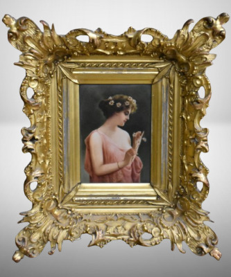 Framed KPM porcelain plaque of woman holding daisies, artist signed