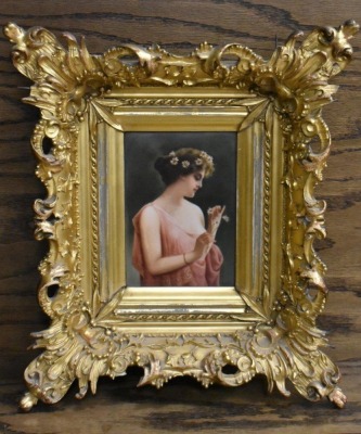 Framed KPM porcelain plaque of woman holding daisies, artist signed - 2