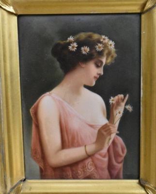 Framed KPM porcelain plaque of woman holding daisies, artist signed - 3