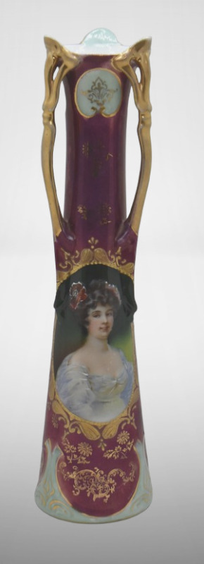 Mrkd. Prox Saxe 11.5" 3-handled vase, portrait of woman w/ red flower in hair