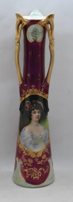 Mrkd. Prox Saxe 11.5" 3-handled vase, portrait of woman w/ red flower in hair - 2