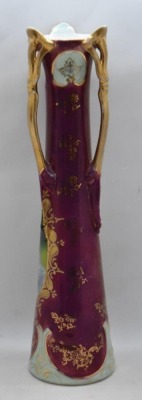 Mrkd. Prox Saxe 11.5" 3-handled vase, portrait of woman w/ red flower in hair - 3