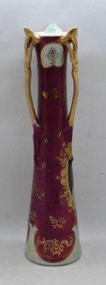 Mrkd. Prox Saxe 11.5" 3-handled vase, portrait of woman w/ red flower in hair - 4