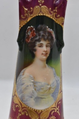 Mrkd. Prox Saxe 11.5" 3-handled vase, portrait of woman w/ red flower in hair - 6