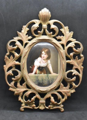 Small Framed KPM plaque, child peerng over, ornate brass framework - 2