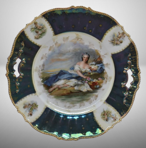 R.S. Prussia Mold 343 10"d cake plate, Flora figural decoration