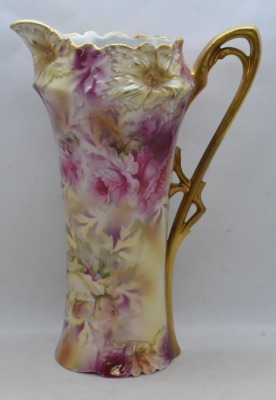 R.S. Prussia Carnation Mold 11" tankard, soft pink and yellow roses, red mark - 2