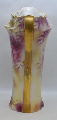 R.S. Prussia Carnation Mold 11" tankard, soft pink and yellow roses, red mark - 3