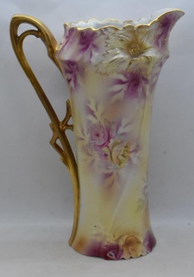 R.S. Prussia Carnation Mold 11" tankard, soft pink and yellow roses, red mark - 4