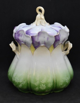 R.S. Prussia Mold 502 cracker jar, green tinted base/ lavender tinted top and lid - 2