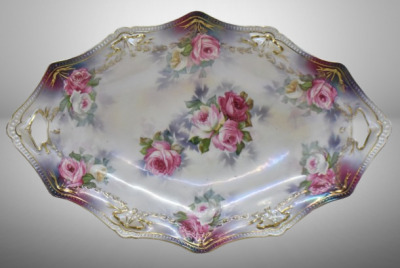 R.S. Prussia Mold 155 bun tray, 13" x 8.5", pink roses, red mark