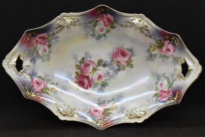 R.S. Prussia Mold 155 bun tray, 13" x 8.5", pink roses, red mark - 3