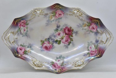 R.S. Prussia Mold 155 bun tray, 13" x 8.5", pink roses, red mark - 7