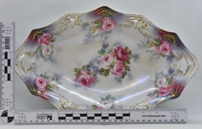 R.S. Prussia Mold 155 bun tray, 13" x 8.5", pink roses, red mark - 9