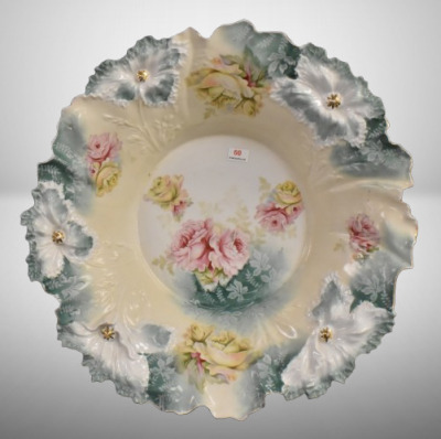 R.S. Prussia Carnation Mold 15"d centerpiece bowl, multi-colored roses