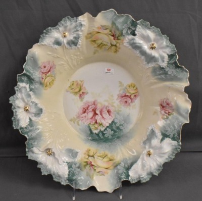 R.S. Prussia Carnation Mold 15"d centerpiece bowl, multi-colored roses - 3