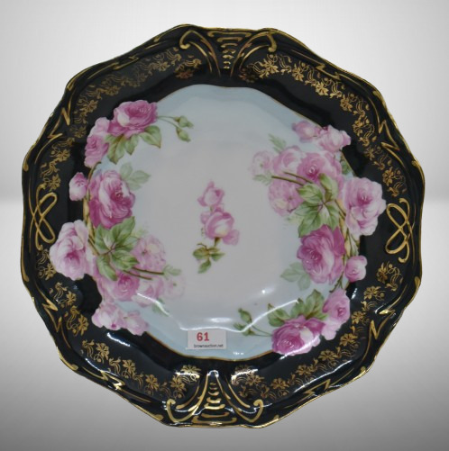 Mrkd. R.S. Germany 9"d bowl, pink roses w/ wide black border