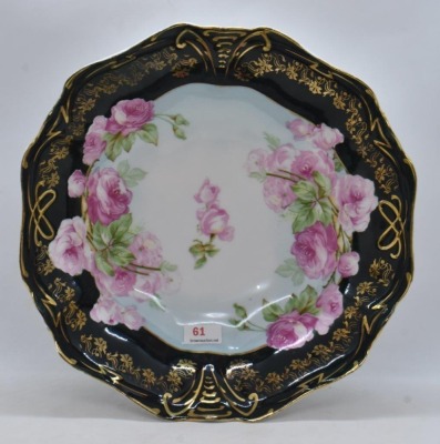 Mrkd. R.S. Germany 9"d bowl, pink roses w/ wide black border - 4